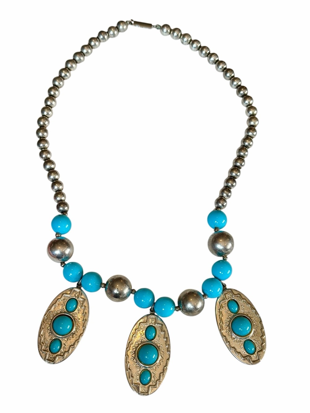 Vintage Silver-tone & Turquoise Colored Beaded Necklace Southwestern Statement - Picture 3 of 7